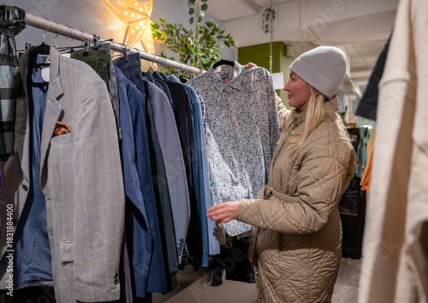 Obraz woman browsing clothes in secondhand shop 