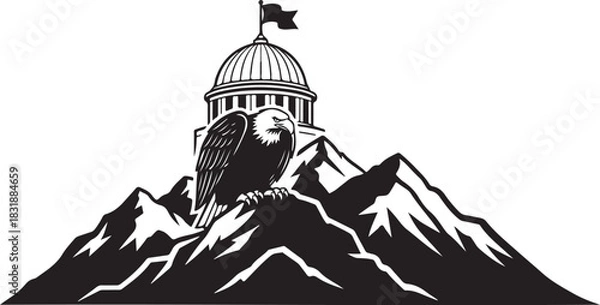 Fototapeta American Eagle Silhouette with Flag and Mountain – Patriotic Black Vector Design