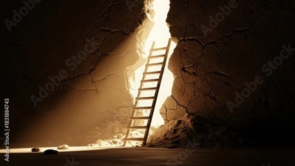 Fototapeta Sunbeam shines through cracked earthen walls illuminating scene