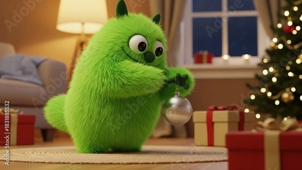 Fototapeta Cheerful fuzzy character amid ornaments and wrapped presents