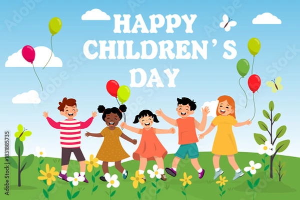 Fototapeta Happy kids celebrate Children's Day outdoors. Bright illustration of unity, joy, and friendship.