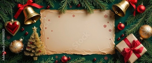 Obraz Holiday background with blank parchment for text framed by fir branches golden bells red heart ornaments gift box miniature christmas tree snowflakes on green 200chr