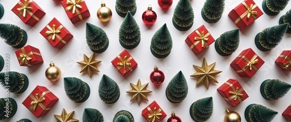 Obraz Festive white background covered in mini christmas trees golden star ornaments and colorful gift boxes overhead flat lay pattern seasonal decor 200chr
