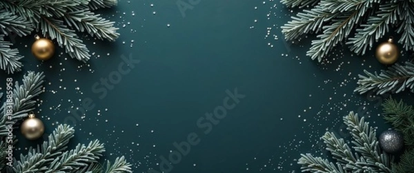 Obraz Festive Holiday Background Featuring Evergreen Branches Accented With Golden and Silver Ornaments and a Delicate Scattering of Silver Glitter Against Deep Teal Backdrop