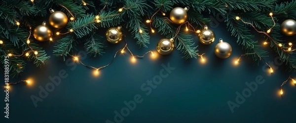 Obraz Inviting Holiday Backdrop Showcasing Lush Green Pine Branches Adorned With Shimmering Golden Ornaments and Softly Glowing Fairy Lights Set Against Deep Teal Surface