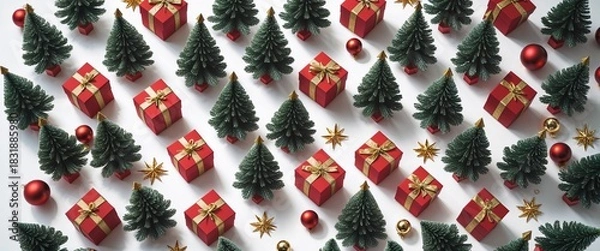 Obraz Festive Arrangement Featuring Miniature Christmas Trees, Red Gift Boxes Adorned With Gold Ribbon, Glittering Gold Stars, and Decorative Red and Gold Ornaments in Flat Lay Arrangement