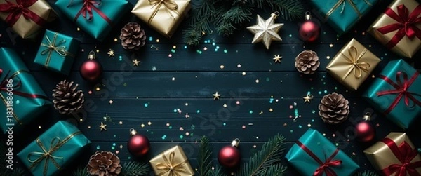 Obraz Charming winter scene presents an array of gifts pinecones and ornaments on dark green backdrop perfect for creating eye catching backgrounds or festive holiday promotions layout designs