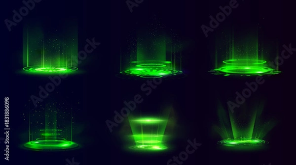 Fototapeta Neon green set of round portals with energy flow lines, magical sparks, and a glow effect.