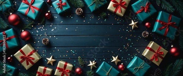 Obraz Festive Flat Lay Composition of Beautifully Wrapped Presents Adorned with Ornaments and Pine Cones on Dark Wooden Background Displaying Elegant Holiday Celebration Decoration With Copy Space
