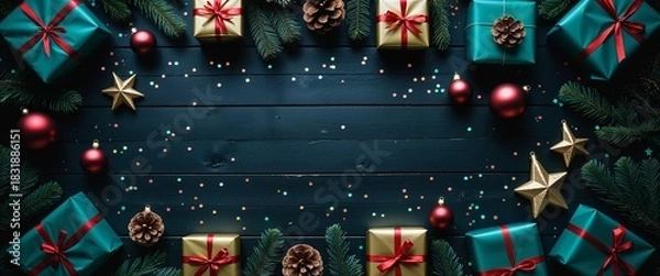 Obraz Seasonal Flat Lay Top Down Composition Featuring Wrapped Presents Ornaments Star Cones and Pine Sprigs on Dark Wood Offering Copy Space for Elegant Celebratory Wishes