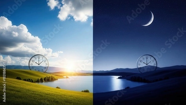 Fototapeta Peaceful rural view illuminated by moon and fairground lights