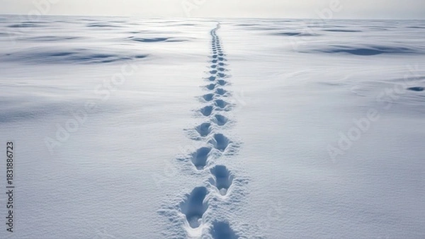 Fototapeta Solitary winter journey, Footprints in snow symbolize endurance