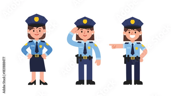 Fototapeta Flat vector collection of cute women police officers in action poses, directing traffic, writing tickets, and saluting. Ideal for law enforcement job themes