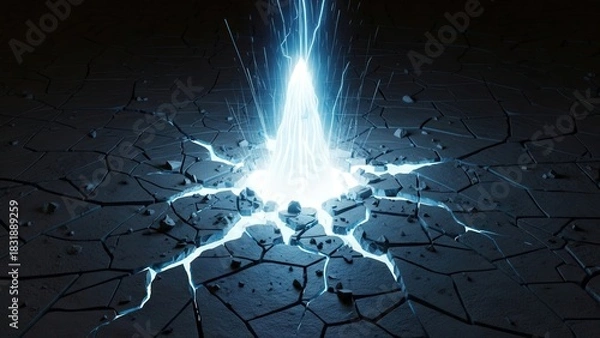 Fototapeta Cracked surface emits glowing electric sparks and fragments