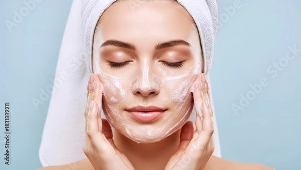 Fototapeta Beautiful woman with closed eyes performs a soothing facial cleansing routine, achieving clean, radiant, and pure skin against a calming blue background