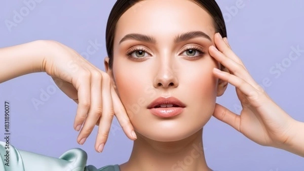 Obraz Beautiful young woman showcases her natural glowing skin and fresh makeup with a serene expression, delicately posing against a soft lavender backdrop for a beauty portrait