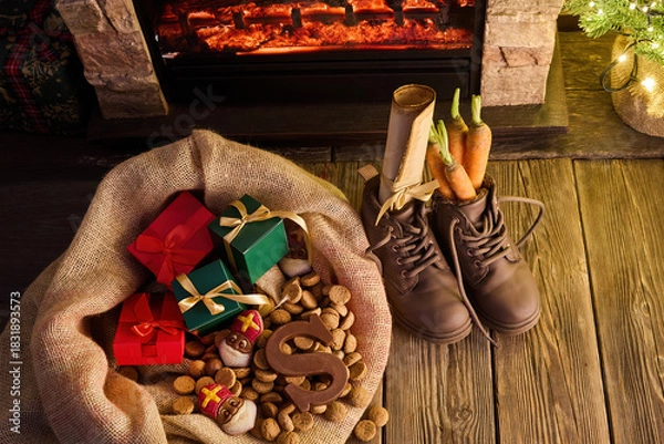 Fototapeta Sinterklaas Eve Traditions. Festive Sinterklaas scene with gifts