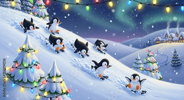 Obraz Group of Happy Penguins Sledding on a Slope with String Lights.