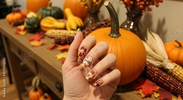 Fototapeta Close-up of a hand showing off Thanksgiving-themed nail art with a seasonal table display in warm, autumn colors.