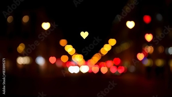 Fototapeta Abstract Blurred Night City Lights with Heart Shaped Bokeh Background for Valentine's Day