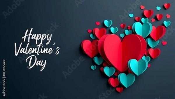 Fototapeta Happy Valentine's Day Greeting Card with Paper Cut Hearts on Black Background