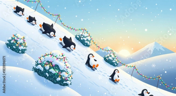 Obraz Cute Penguins Sliding down a Snowy Hill for Christmas Holidays.