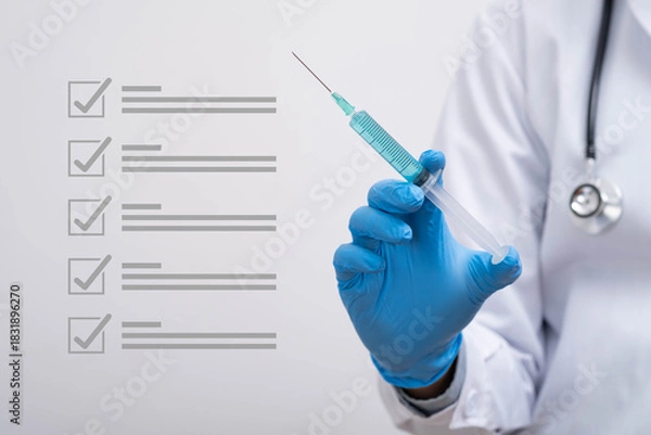 Fototapeta Medical professional holding a syringe with checklist icon, illustrating vaccination, healthcare preparation, medical safety, and clinical procedures in a clean and professional environment.