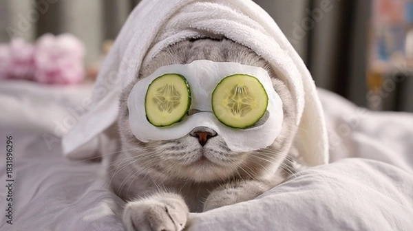 Obraz Portrait of a cute gray cat wearing a sheet mask and cucumber slices for beauty treatment