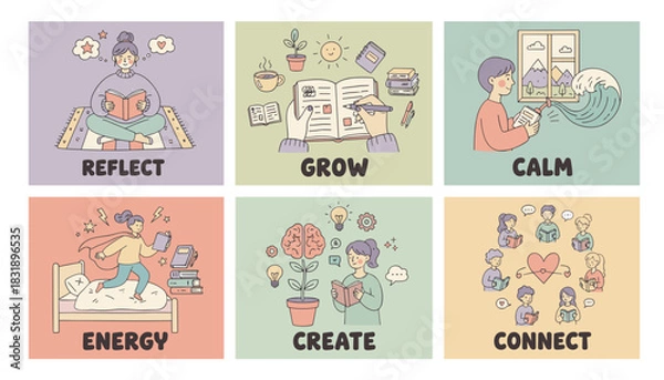Obraz Pastel doodle set illustrating personal development mental wellness reading and creativity