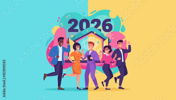 Obraz Diverse business team celebrating 2026 goals and success New year planning illustration