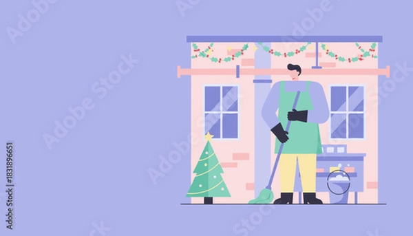 Obraz Worker sweeping outside building decorated for Christmas holidays