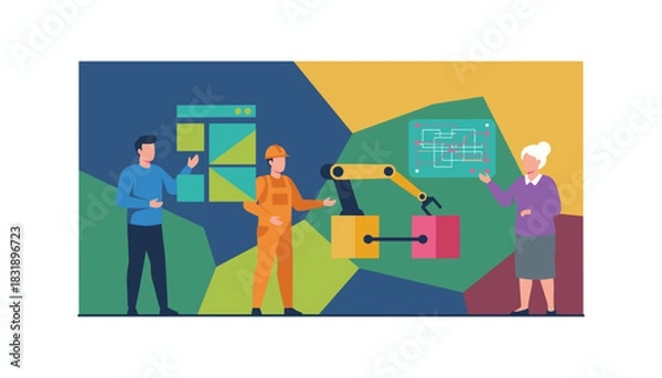 Obraz Engineers and worker collaborate on industrial automation and robotic technology management