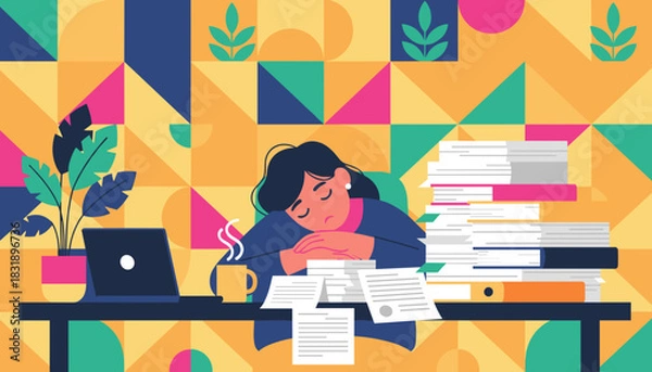Obraz Exhausted woman sleeping on her desk surrounded by paper piles and documents Overwork and burnout concept