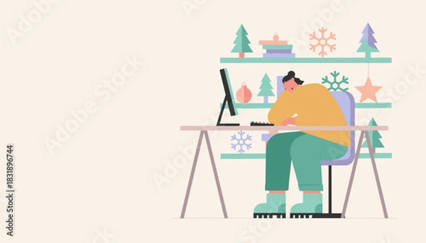 Obraz Exhausted person working at a home desk decorated for the winter holidays Remote work stress