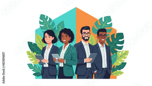 Obraz Smiling diverse business professionals holding tablets among lush leaves Teamwork concept