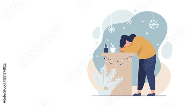Obraz Stressed person resting head on a winter holiday table with coffee Seasonal depression or burnout concept