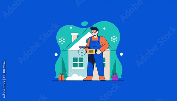 Obraz Contractor holding a saw in front of a house in winter Home maintenance service illustration