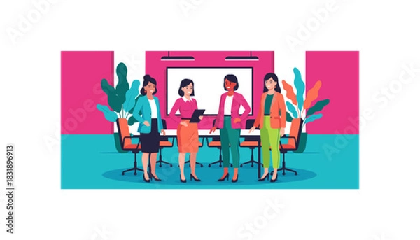 Obraz Team of diverse businesswomen collaborating in a modern vibrant meeting room environment