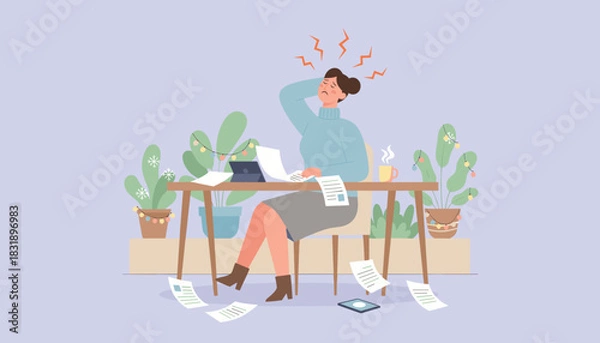 Obraz Businesswoman stressed with deadline chaos suffering headache during holiday season Vector illustration