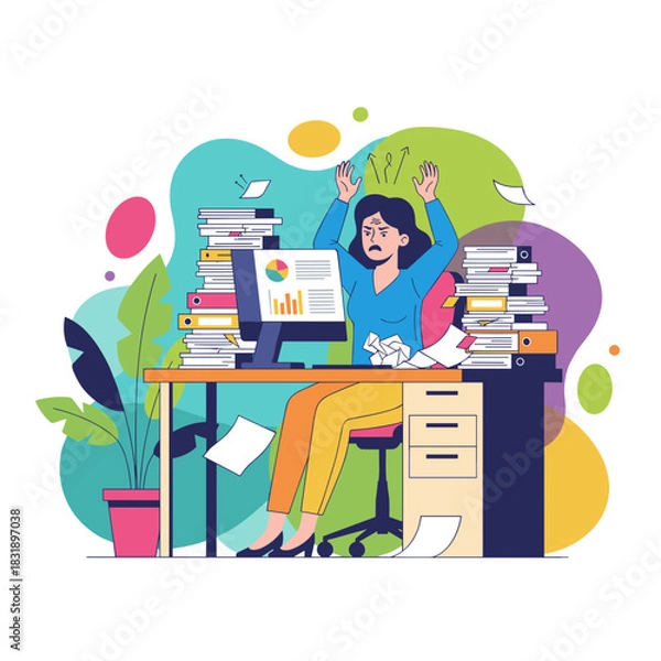 Obraz Stressed businesswoman overwhelmed by piles of paperwork and crushing deadlines in the office