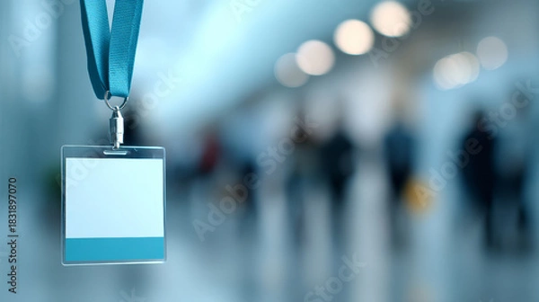 Obraz Blank identification badge with blue lanyard hanging in front of blurred corridor with people walking