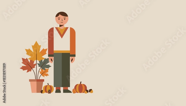 Obraz Man in autumn clothes with pumpkins and maple leaves Minimalist seasonal vector graphic