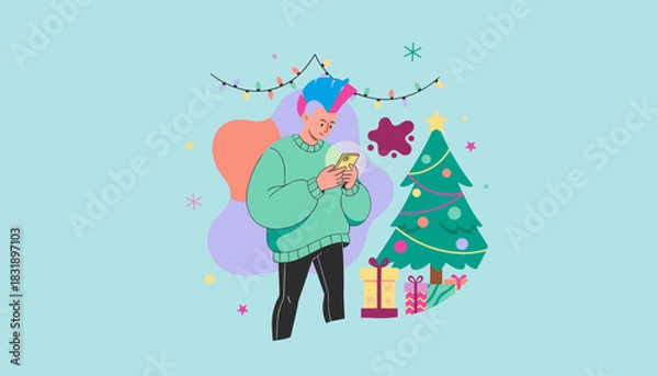 Obraz Young person texting on a phone next to a decorated Christmas tree and gifts Holiday communication