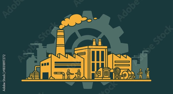 Obraz Flat vector illustration of a factory building with workers machinery and chimney smoke symbolizing industry
