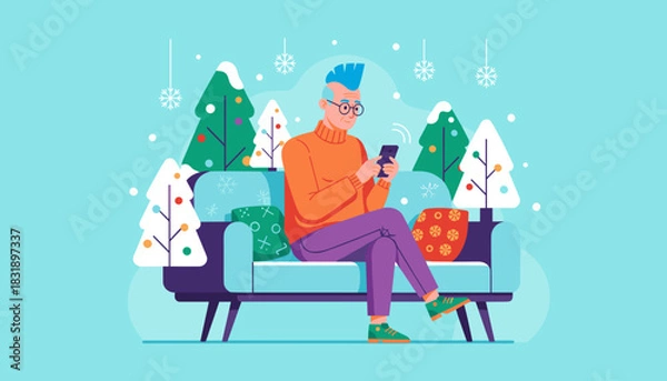 Obraz Stylish man uses phone on a couch in a festive snowy winter scene Holiday communication concept