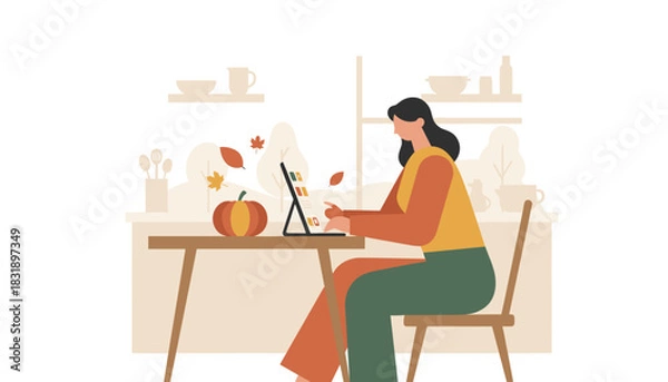 Obraz Autumn home lifestyle Woman shops online on a tablet with falling leaves and pumpkin illustration