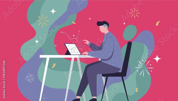 Obraz Man analyzing data on tablet for innovation and success surrounded by abstract creativity