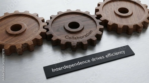 Fototapeta Wooden gears showing collaboration and interdependence driving efficiency