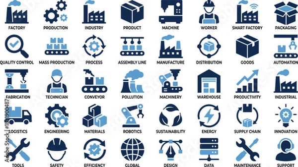 Fototapeta Manufacturing icon set, industrial symbols, production graphics, factory visuals, automation tools, engineering elements, blue theme, supply chain design