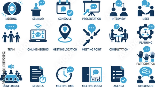 Fototapeta Meeting icon set, professional interaction symbols, business graphics, planning visuals, team collaboration tools, blue theme, agenda and discussion elements
